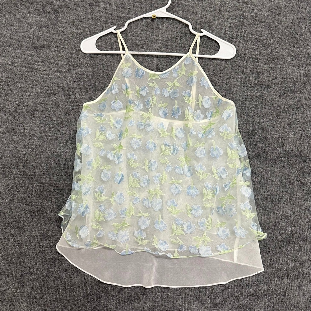 G.G. Scott Camisole Womens Size M White Blue Floral Sheer Rayon Blend Tiered Top